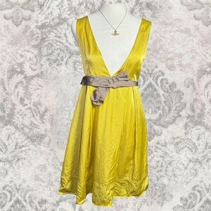 Yellow Midi Elegant Satin Deep V Summer Women’s Medium Cocktail A-Line Dress